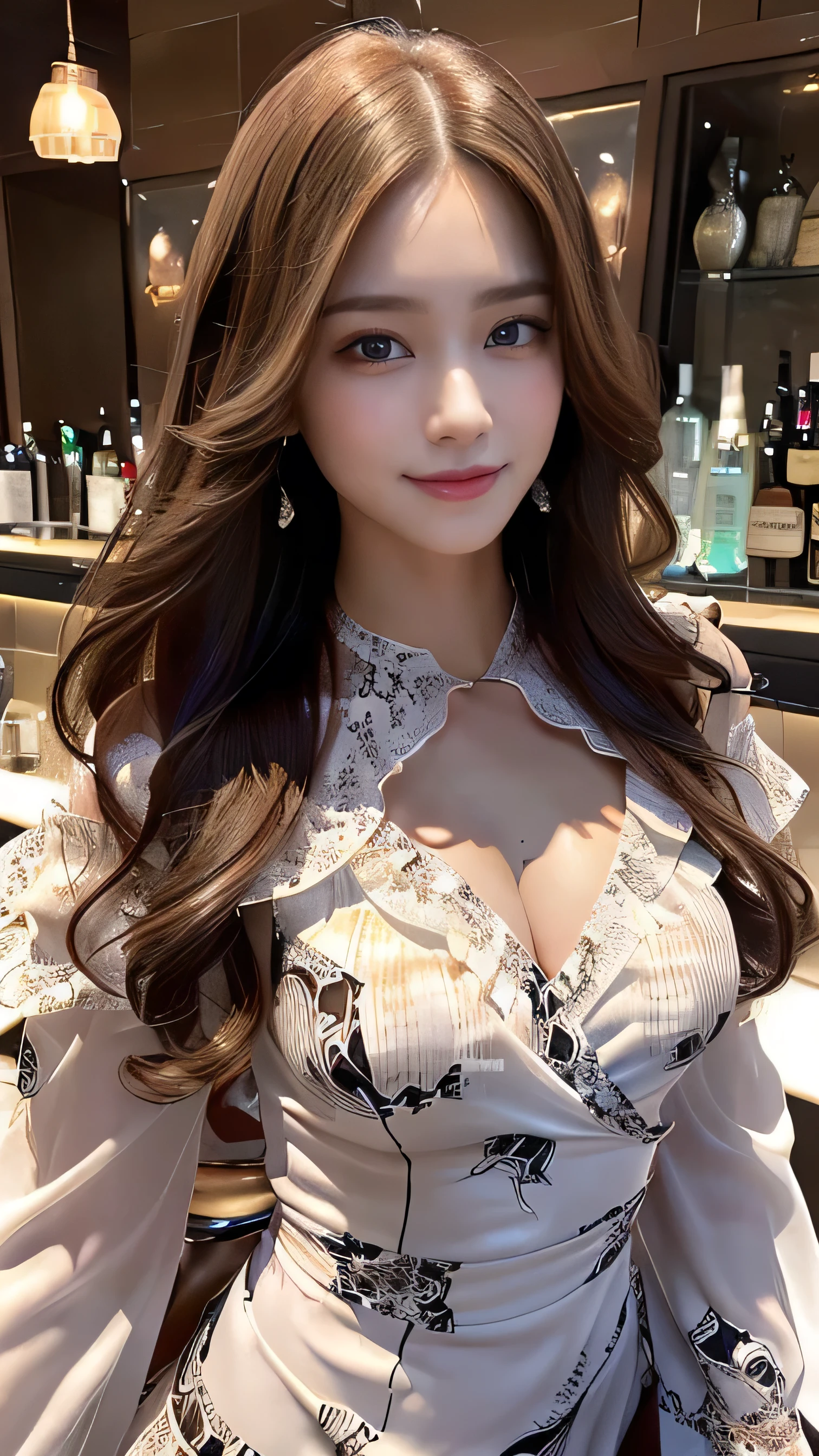 masterpiece, Highest quality, Realistic, Very detailed, Finer details, High resolution, 8k wallpaper, One beautiful woman, Wear an elegant see-through shirt, In a great restaurant, At night, Light brown messy hair, Perfect dynamic composition, Beautiful and beautiful eyes、Big earrings、Sit on a chair、Her cleavage is visible、I see a red bra、35 Talent、You can see the fancy bra、目を閉じている、痛みに耐えている、誰かに胸を触られている、