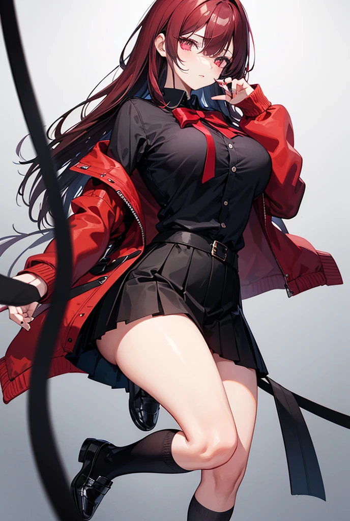 Young woman, 21 years old, full length, White background. Black hair with red tips. One eye is blue, Other purple (lens on one eye). Voice is slightly rough, hoarse after a cold. haughty expression on his face. long black coat, lace-up boots