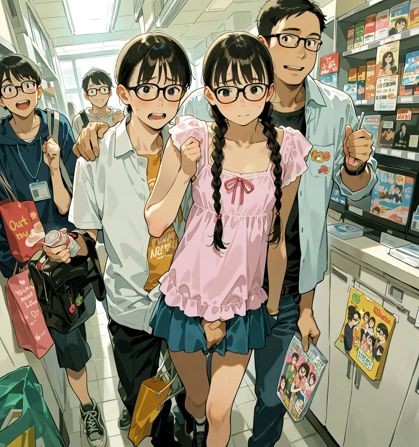 bob cut, black hair, rimless eyewear, mole under eye, solid circle eyes, (full body), 2girl, Embarrassed, (80s anime), to pussy insert