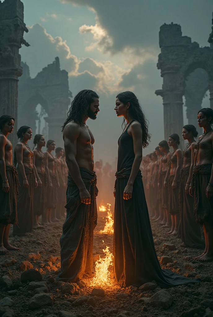 a strong man, style Kal drug, getting married in the forest with a 2 girl, black hair Sansa Stark style, A priestess performing the ceremony. at night. Around them people and wolves