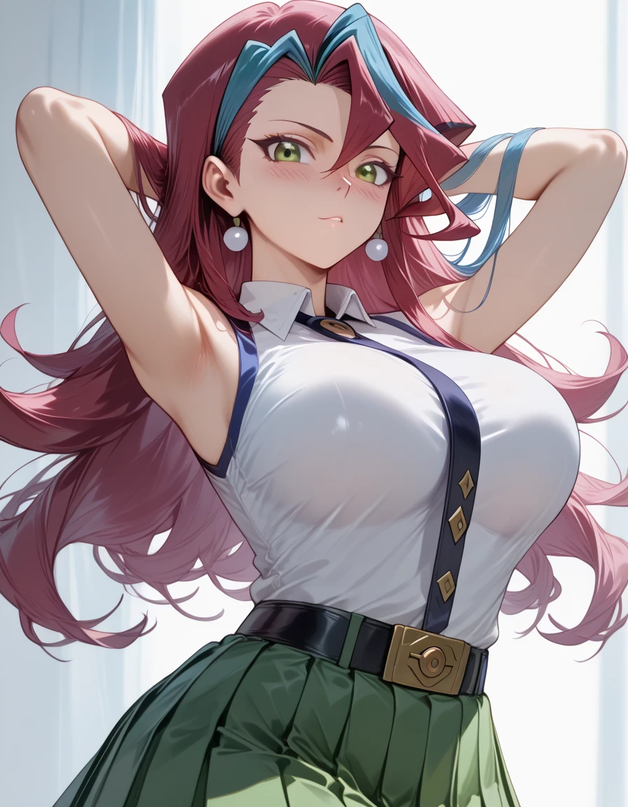 2d, masterpiece, best quality, anime, highly detailed, 1girl, solo, cowboy shot, nakano itsuki, red hair, long hair, star hair ornament, ahoge, crop top, green skirt, miniskirt, ??????????????, standing, school, outdoors, smile