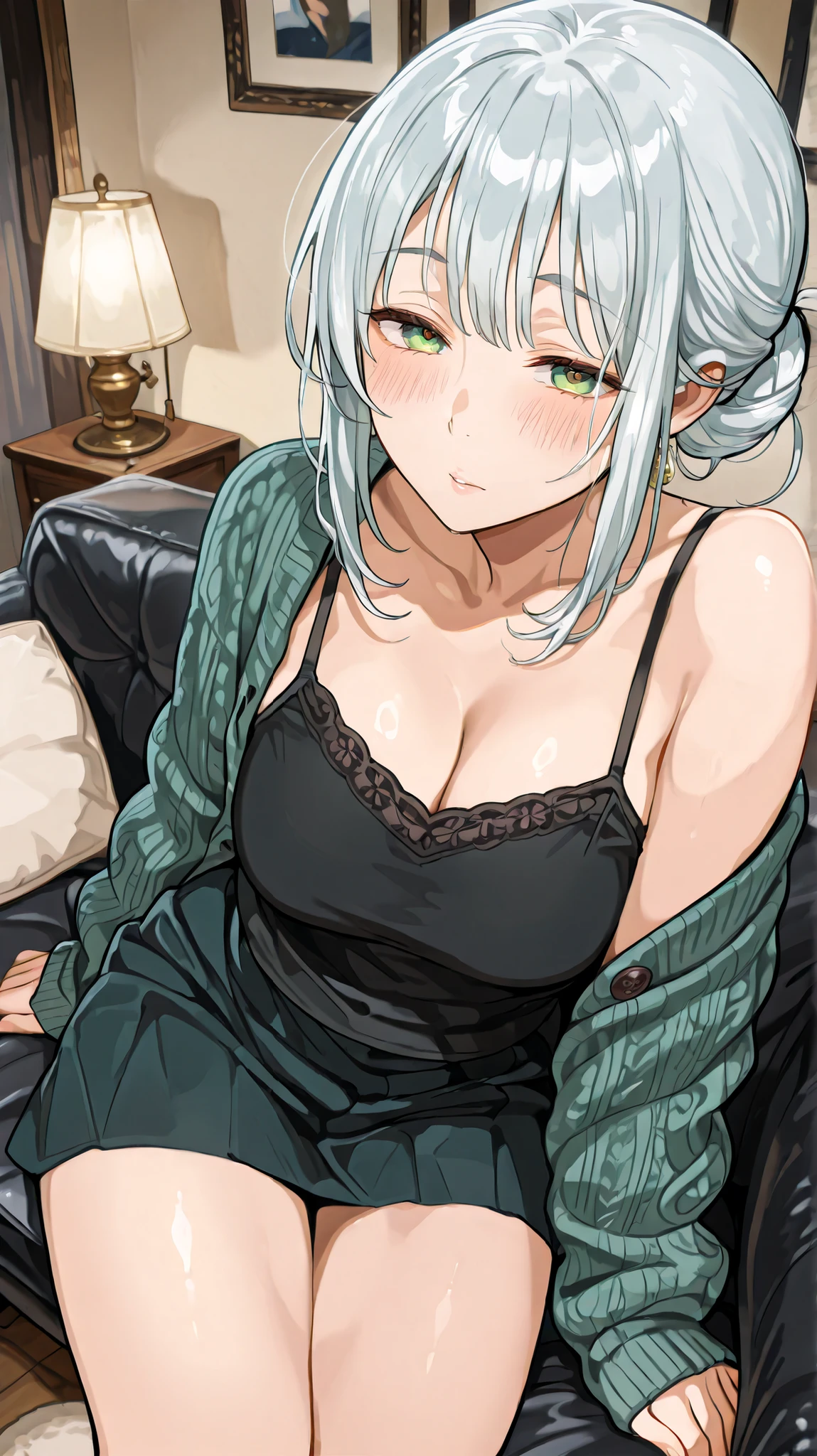 (hero neisan art style:0.7), (asura art style:0.7), score_9, score_8_up, score_7_up, score_6_up, score_5_up, score_4_up, uncensored, KJOcattleya, black hair, purple eyes, long hair, parted bangs, lips, BREAK (masterpiece:1.2), best quality, high resolution, (detailed eyes:1.3), perfect lighting, (perfect hands, perfect anatomy), large breasts, 1girl, solo, thighhighs, breasts, panties, underwear, jewelry, green panties, looking at viewer, white thighhighs, see-through, earrings, blush, choker, parted lips, shirt, thigh gap, collarbone, green shirt, simple background, necklace, large breasts, artist name, cowboy shot, ass visible through thighs, long sleeves, thighs, standing, white background, mole under eye, covered navel