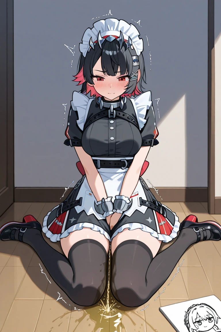 (((masterpiece,Highest Resolution,4K High Resolution,Crisp image quality:)Pussy juice(Detailed Hair,)()Maid clothes,Two-tone hair with red on the inside,(spread realistic sperm overflowing from pussy:1.2)(uterine orifice,Urethra,Vaginal walls)