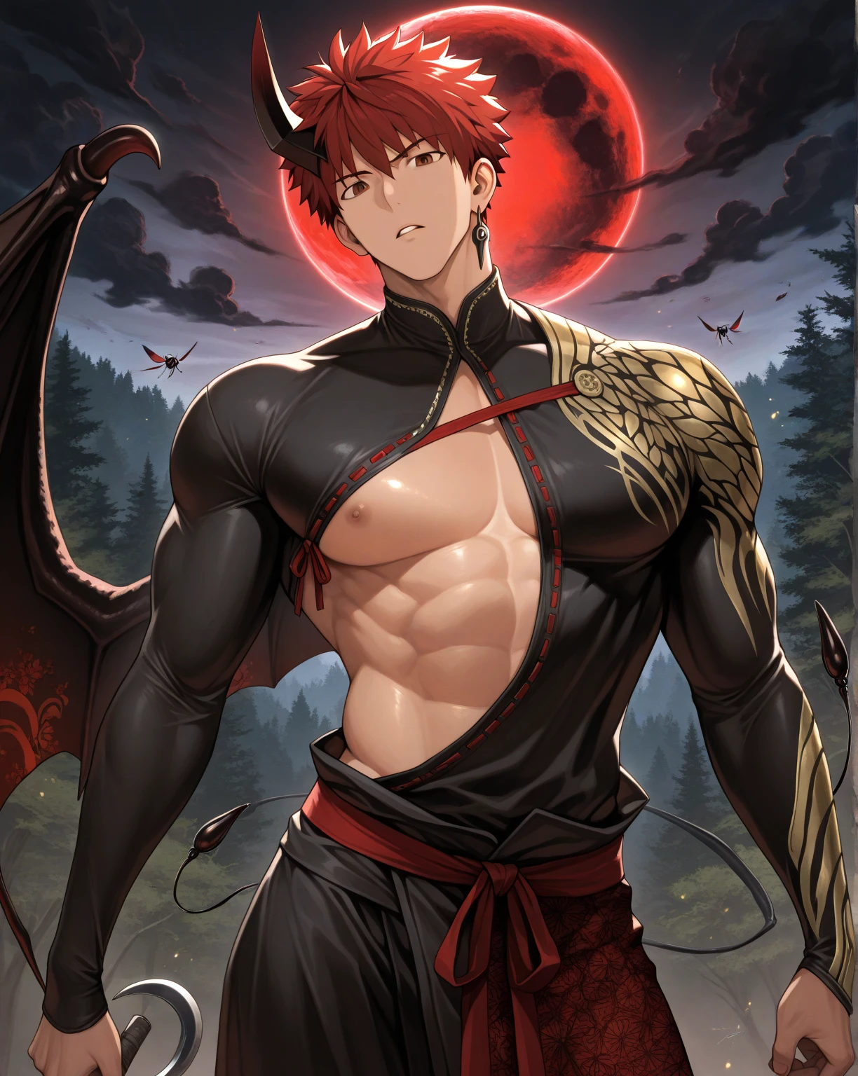 , male, Japanese Background, Demon, Demon Skin, muscular