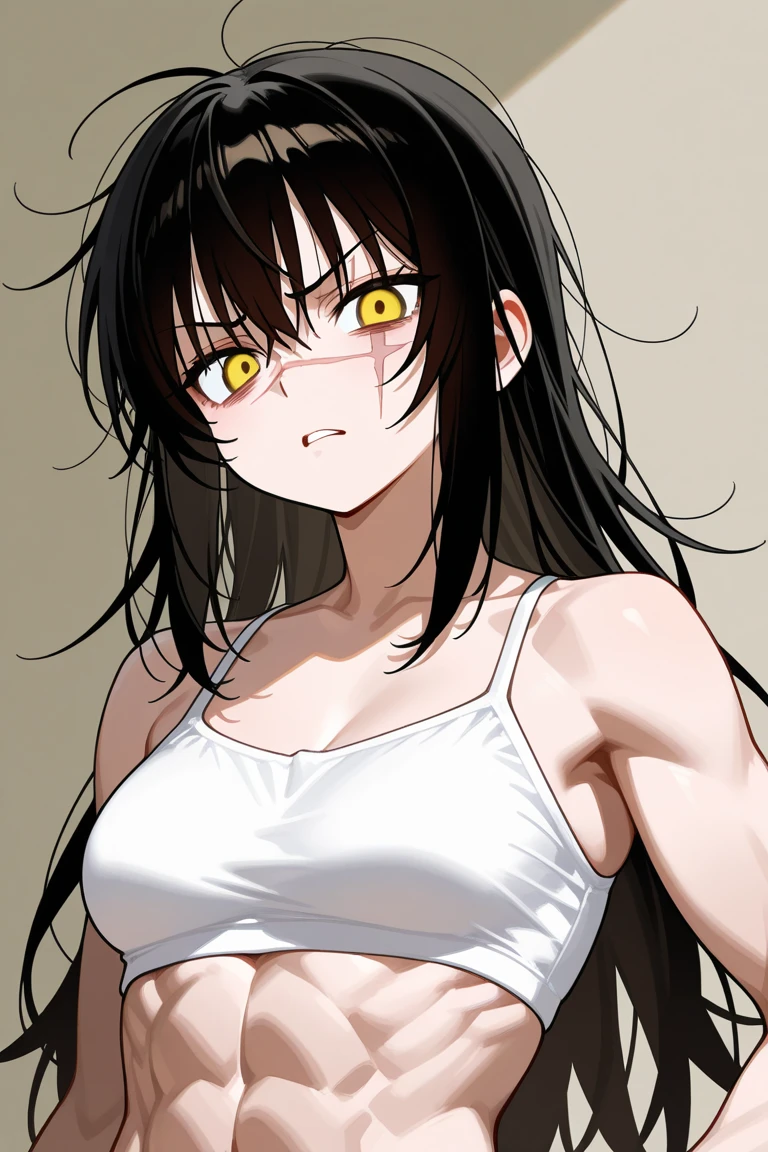 (mieruko), 1girl,masterpiece, best quality, scared, tears, naked, yellow detailed eyes, long black hair, big eyes, (open mouth:0.1), detailed pupils, horror \(theme\), woman, wating permission, healthy skin, attractive woman, nsfw, hot girl