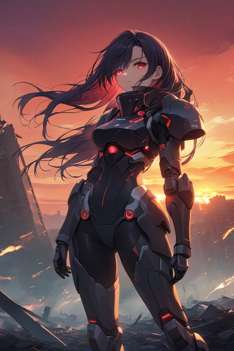 top-quality、Top image quality、masterpiece、mature woman with((tight combat suit、cyborgs、System Dynamicetallic body、Best Bust、Medium bust、Long black hair、 red eyes、Beautiful back、deadpan、Show Back View、low angles))hiquality、Beautiful Art、Background with(A desert、Collapsed buildings、natta、nigh sky、stele々)),masutepiece、Elaborate design、visualart、depth of fields、The best lighting、highestdetailed、low angles