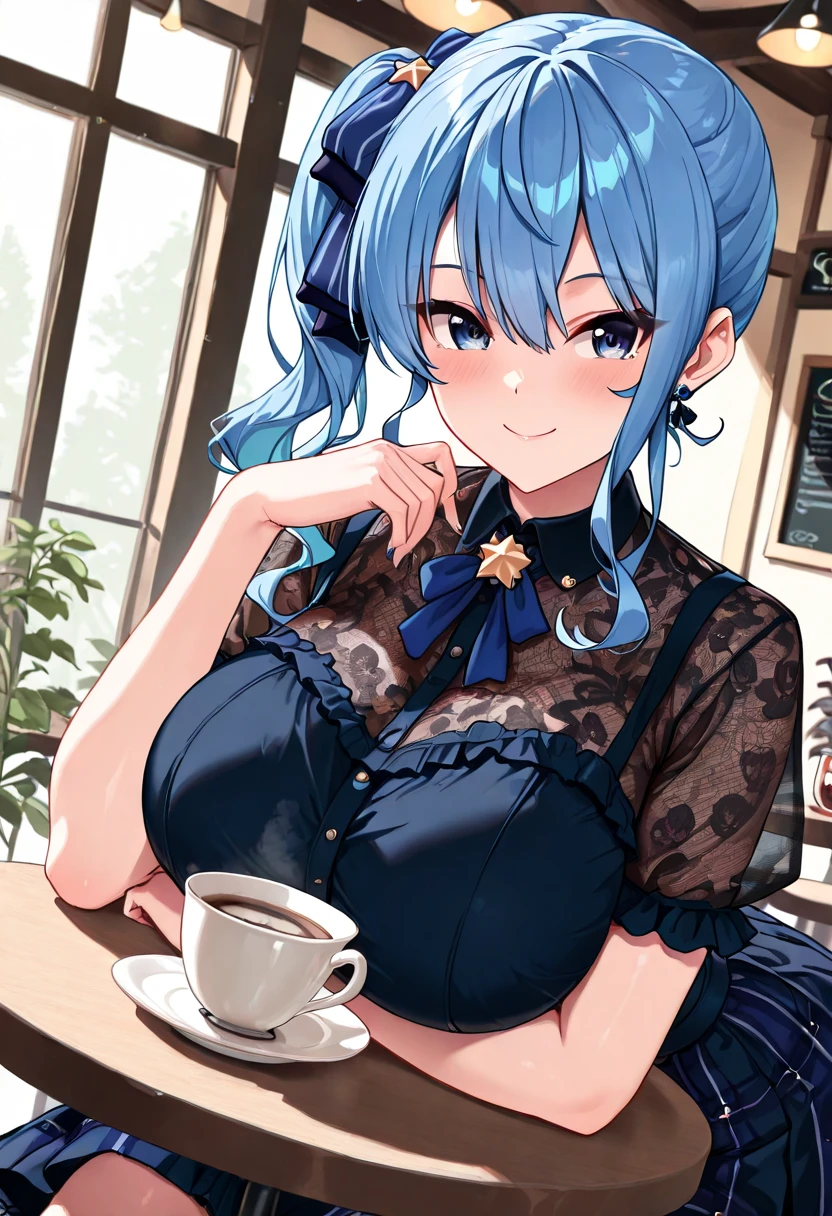 Sexy maid, dark skin, blue hair, glasses, holding a coffee tray