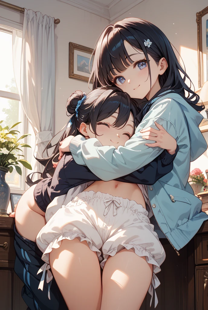 ultra-detailliert, Best Quality, High resolution, ((Two cute s with big faces and black hair.))、Pretty eyes、Detailed eye depiction、Eye sparkle、Sareme、Looking at Viewer, pale skin、(((Petite))), (naked weddiess clothes)、(flat chest), (big glasses), (blush:1.2), (big eye:1.5), Shy smile, NSFW, In bed, Focus on the face, Long hair, ((The upper part of the body))、from side