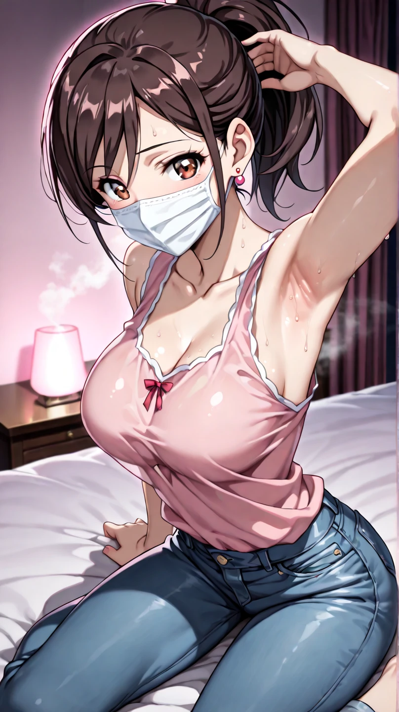 Taiwanese Idol　((A MILF))　About 40 years old　Plump and glamorous figure　Brown hair with bangs　((eye glass))　bright red lips　Duck mouth　(Super shiny blue school swimsuit)　bbw　Flushed cheeks　((On the bed in the bedroom))　Portrait　Looking at the camera　((Dressing))　Sultry and sweaty shiny face　Sweaty　Sweaty, flushed face　Frontal eye contact　Kissing Face　((Open leg sitting))　Big eyes　Portrait　masterpiece　((Put your hands behind your head and expose your armpits)) ((White Face Mask))　Depicted from below　Depicted from a low angle　A back that is wet and shiny with sweat