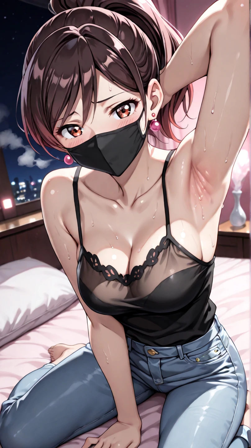highest quality, bedroom、 Beautiful mature lone woman、Beautiful Face、Strong-willed woman、Red choker、all fours:1.2、slouch:1.2, Orgasm facial expression、Feels good、Blonde、short hair、(Medical masks:1.3)、(rips apart)、My whole body is sweaty、My crotch is wet、Small breasts、(Hard and pointed nipples),Nipple pinching、knees apart,Black lace panties、white thighhighs、(Focus on the nipples)、Slim legs、Elbow hand pockets
