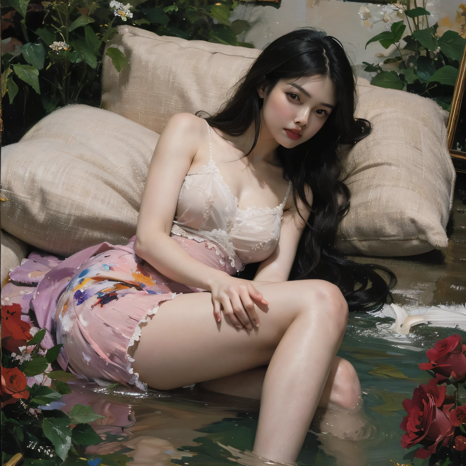 8k, masterpiece, RAW photo, best quality, photorealistic, ultra realistic, a beautiful woman Jongkok di dalam kereta api, without top clothes, naked, without bra,Earrings, necklace, white crown