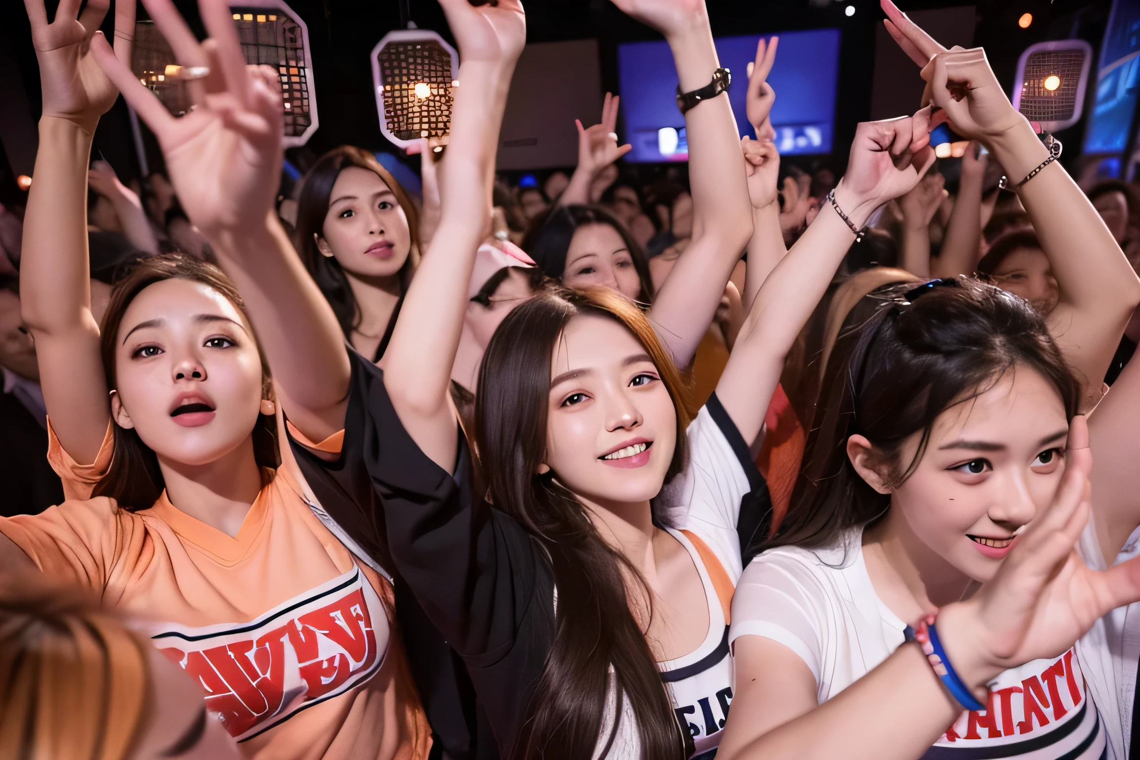 ((best quality)), ((masterpiece)), (detailed), ((best quality)), ((masterpiece)), (detailed), inside crowded people raising their hands, many lightings, at the concert, there's smokes,
