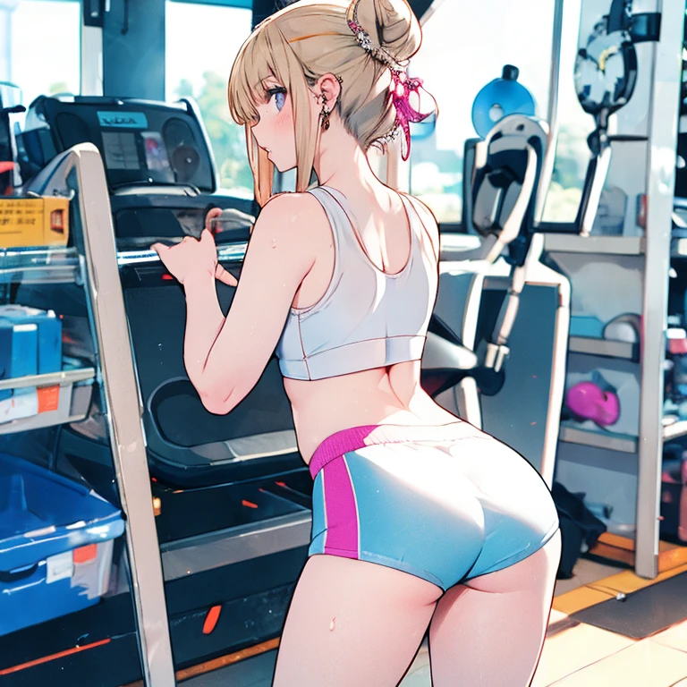 gym, exersice, hot, sweating, sweaty, tan, big boobs, tan skin, lifting, flustered, blush, pink clothes, see thru,  blond hair, earrings, gyaru, ponytail, blond hair , older girl,  in pain, teeth clenching, clenching teeth, eyes closed, closed eyes, treadmill, running on treadmill, sprinting, sprinting on treadmill, plump, ass, big ass