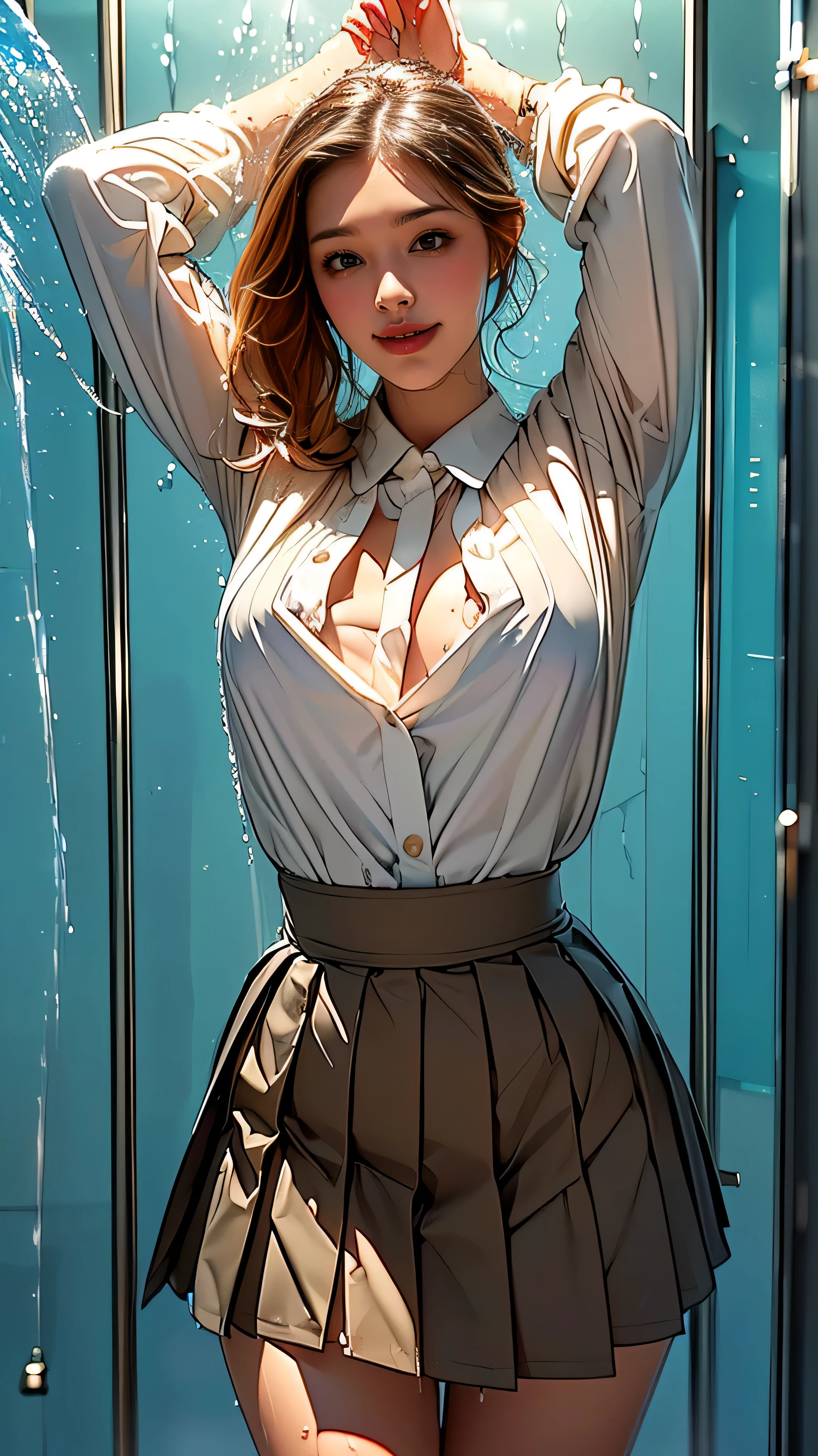 (masterpiece:1.2, top-quality), (realistic, photorealistic:1.4), beautiful illustration, (natural side lighting, movie lighting), 
looking at viewer, cowboy shot, front view:0.6, 1 girl, japanese, high school girl, perfect face, cute and symmetrical face, shiny skin, 
(middle hair:1.8, half updo:1.4, brown hair), asymmetrical bangs, gold eyes, (large breasts:1.1, thick thighs), 
beautiful hair, beautiful face, beautiful detailed eyes, beautiful clavicle, beautiful body, beautiful chest, beautiful thigh, beautiful legs, 
((long sleeves, white collared shirt, black pencil skirt), id card, strap, black high heels), black-rimmed glasses, pink panties, 
(beautiful scenery), evening, inseide office, holding a piece of cardboard, (lovely smile, upper eyes), (1 girl),large breast,  breast, tan, Dewy Skin, Sweating on the skin, blonde wavy hair, Punk T-shirt, punk girl (extremely detailed CG unity 8k wallpaper), (masterpiece), (best quality), (ultra-detailed), (best illustration), (best shadow), (absurdres), 
BREAK
girl, sweat, steam, medium breast, nsfw, shy, looking at viewer, 　((masterpiece)), (best quality), (Work), Art Nouveau watercolor painting , moon goddess , big breasts，robe，thong，show your neck，bare shoulders，show navel，Camel toe exposed，big eyes, long, thick eyelashes, plump lips, dark red eyes, hair long and thick, high ponytail, chubby, flowery_background, Intricate designs and patterns in the style of Alphonse Mucha.from the butt　((masterpiece)), (best quality), official art, extremely detailed CG, 
1girl, sailor moon, blue eyes, blonde hair, long hair, hair bun, jewelry, sailor senshi uniform, blue sailor collar, red choker, twintails, red bow, blue skirt, holding binoculars, outdoors, forest,