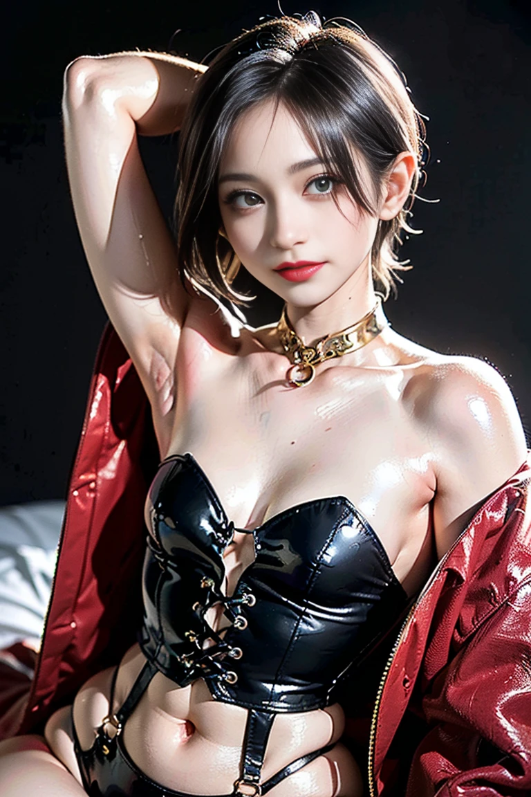 tmasterpiece,best qualtiy,(Dark photograph:1.3),realisticlying,1girll,Flat bangs,stunning innocent symmetry face,metallic bikini,Emotional tongue sticking,Chained,The red rope is tight,ulzzangs,(PureErosFace_V1:0.7)