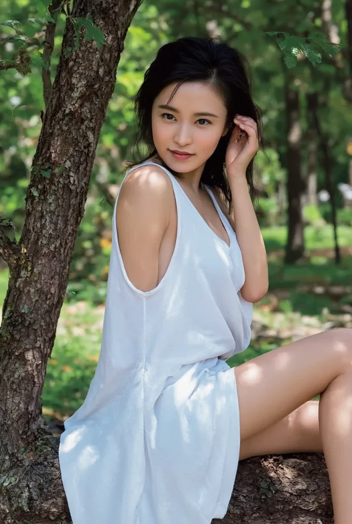 Innocent 20 year old girl、((White tank top, Dramatic poses)),Smile,short-cut,Natural park、Raw photo, (8K、top-quality、​masterpiece:1.2)、(intricate detailes:1.4)、(Photorealsitic:1.4)、octane renderings、Complex 3D rendering ultra detail, Studio Soft Light, Rim Lights, vibrant detail, super detailing, realistic skin textures, Detail Face, Beautiful detail eyes, Very detailed CG Unity 16k wallpaper, make - up, (detailedbackground:1.2), shinny skin, Full body、 of the breast,(ing with hands folded behind your back、Leaning forward、Angle from above))