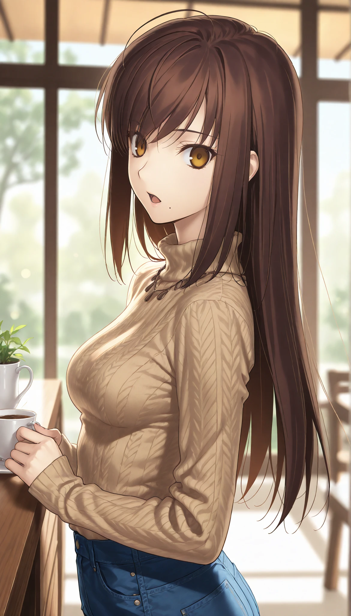 masterpiece, , absurdres, highres, detailed background, high resolution, masterpiece, necessary, detail, best quality, quality, necessary, details, High details, Precise, indoors, cafe, (dappled sunlight), day, lens flare, blurry background,(from side, from above),, solo, ,
1girl, , (type-moon,) style, koyama hirokazu style,((aged up:1.5)), sitting, mole under mouth, light open mouth, ,
tall girl, mature, slim body, slender body,, Kuonji Alice ,brown hair, long hair, , amber eyes, ,ahoge,(asymmetry bangs, swept bangs), ,arran brown knit, arran knit , denim pants, ,, medium breasts, cowboy shot , (looing at viewer), , ,