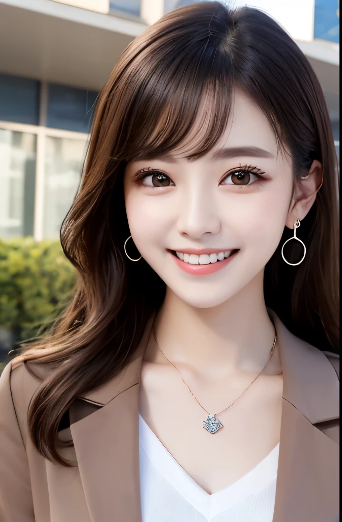 Highest quality, ,smile、Beautiful teeth alignment、Light brown hair、Dark eyeliner、、Long sleeve blouse、ear piercing、necklace, , Face Focus、The background is the building's corridor.