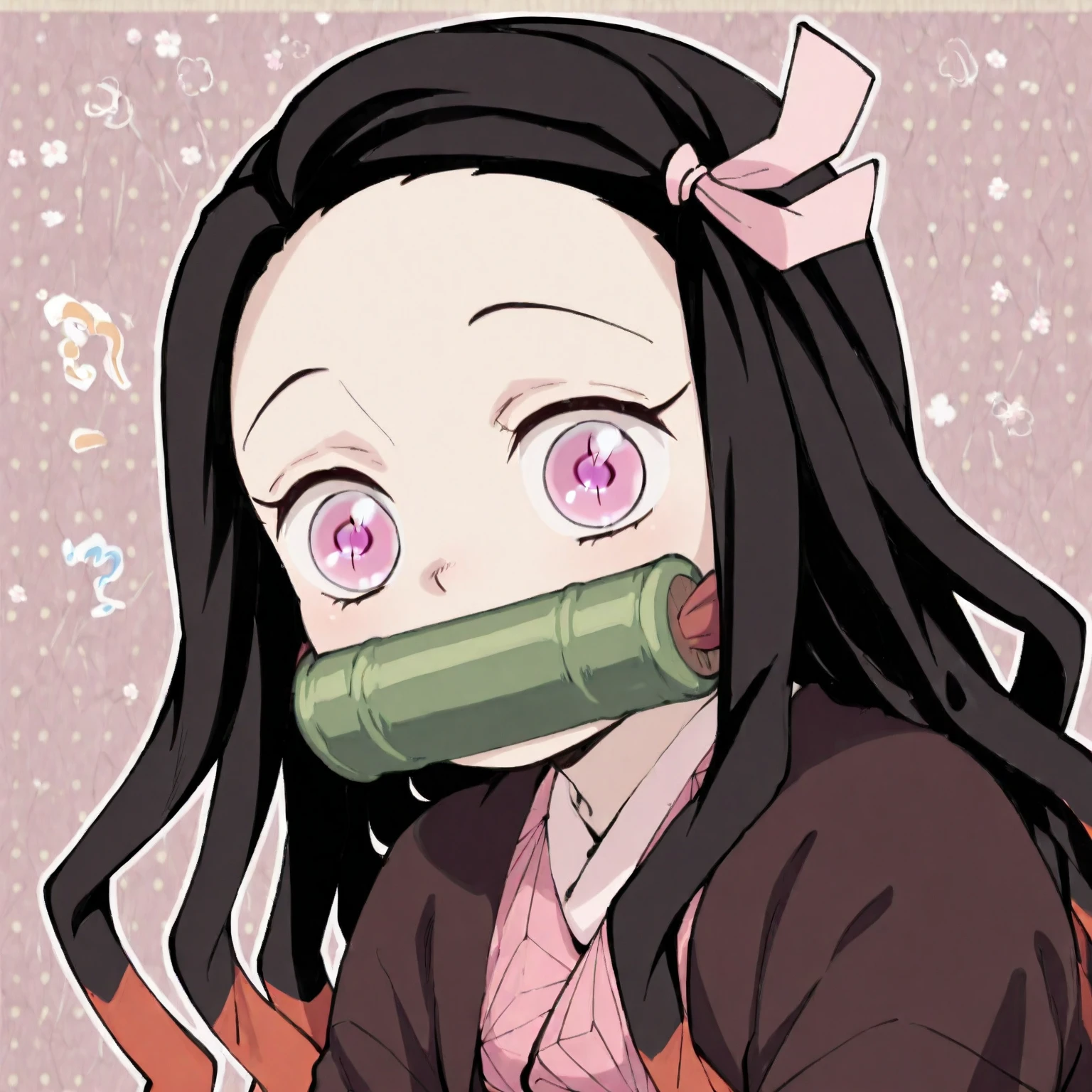 in Japanese room, nezuko kamado, bamboo, bit gag, black hair, forehead, gag, gagged, hair ribbon, long hair, multicolored hair, (pink eyes:1.5), orange hair, slit pupils, wavy hair, two-tone hair,nezuko kamado, bamboo, bit gag, black hair, forehead, gag, gagged, hair ribbon, long hair, multicolored hair, (pink eyes:1.5), orange hair, slit pupils, wavy hair, two-tone hair, heart hands, (manos del corazon, propias manos juntas:1)