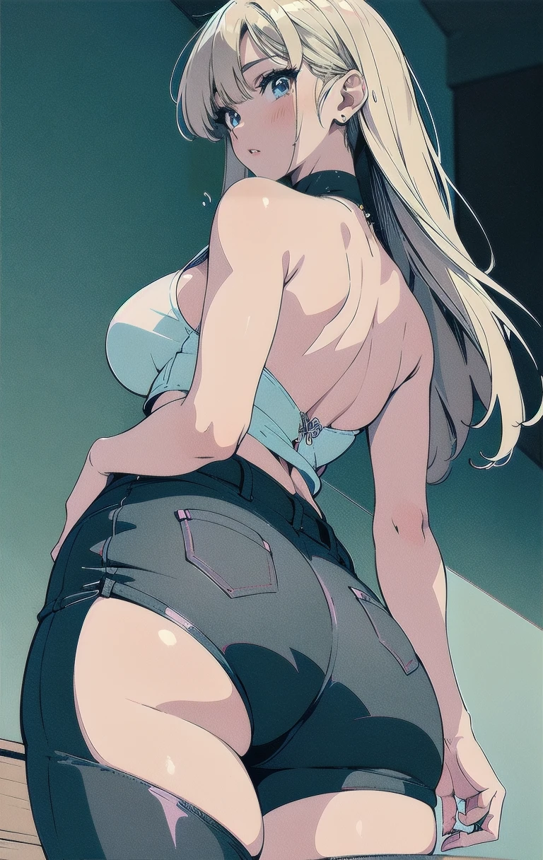 blonde wavy hair、cute anime face、thick thighs、8k、4k、highest quality、(High resolution:1.6)、noise reduction、((glowing green eyes、high detail eyes:1.5、Sweat、blush、open your mouth))、(SFW huge body:1.2)、(((model pose)))、(White Calvin Klein underwear、T-back)、(sexy back view、arched back、お尻に食い込むT-back、emphasize the buttocks)