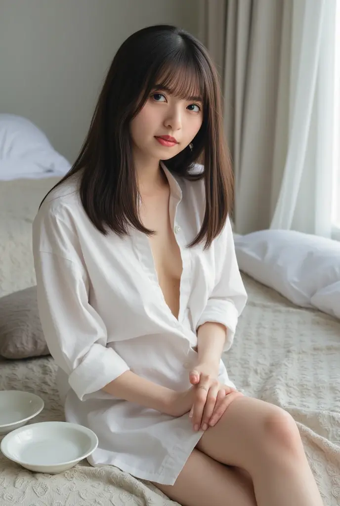 A live-action photo of an extremely beautiful Japanese high school girl race queen who highlights her large breasts and beautiful legs.、Wearing a miniskirt and white lab coat at a photo studio, she takes promotional photos for compensated dating.、She is an eternal idol who combines a clean look with modern charm.。 She creates such beauty。 She feels her own warmth。 She creates a warm atmosphere。 We create beauty。 That's what I want to say。 In her full body photo、The figure features porcelain-like skin and golden hair that radiates a soft glow.。 This is probably、It captured the essence of her timeless charm.、This is the best shot ever.。 Each straight line and curve is carefully expressed.、Breathtakingly beautiful with impeccable detail。 This piece perfectly captures her timeless beauty.。 Divine Proportions、Sharp focus、Full-body photo taken by Kishin Shinoyama、high quality、High resolution、Detailed Background
