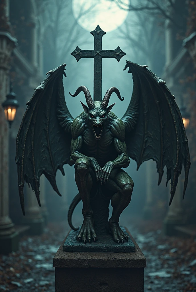 dark fantasy, 2d game art, stone devil animal with back wings, on the pedestal, from front, underground labyrinth entrance garden background with dusk, pencil fine art, oil painting coloring, catch light, dynamic pose, dark palette with rich colors, intricate detail texture, intricate detailed, tonal contrast, toon rendering, super fine illustration, ultra quality, best quality, high quality, insanely detailed, 16k, extremely detailed,