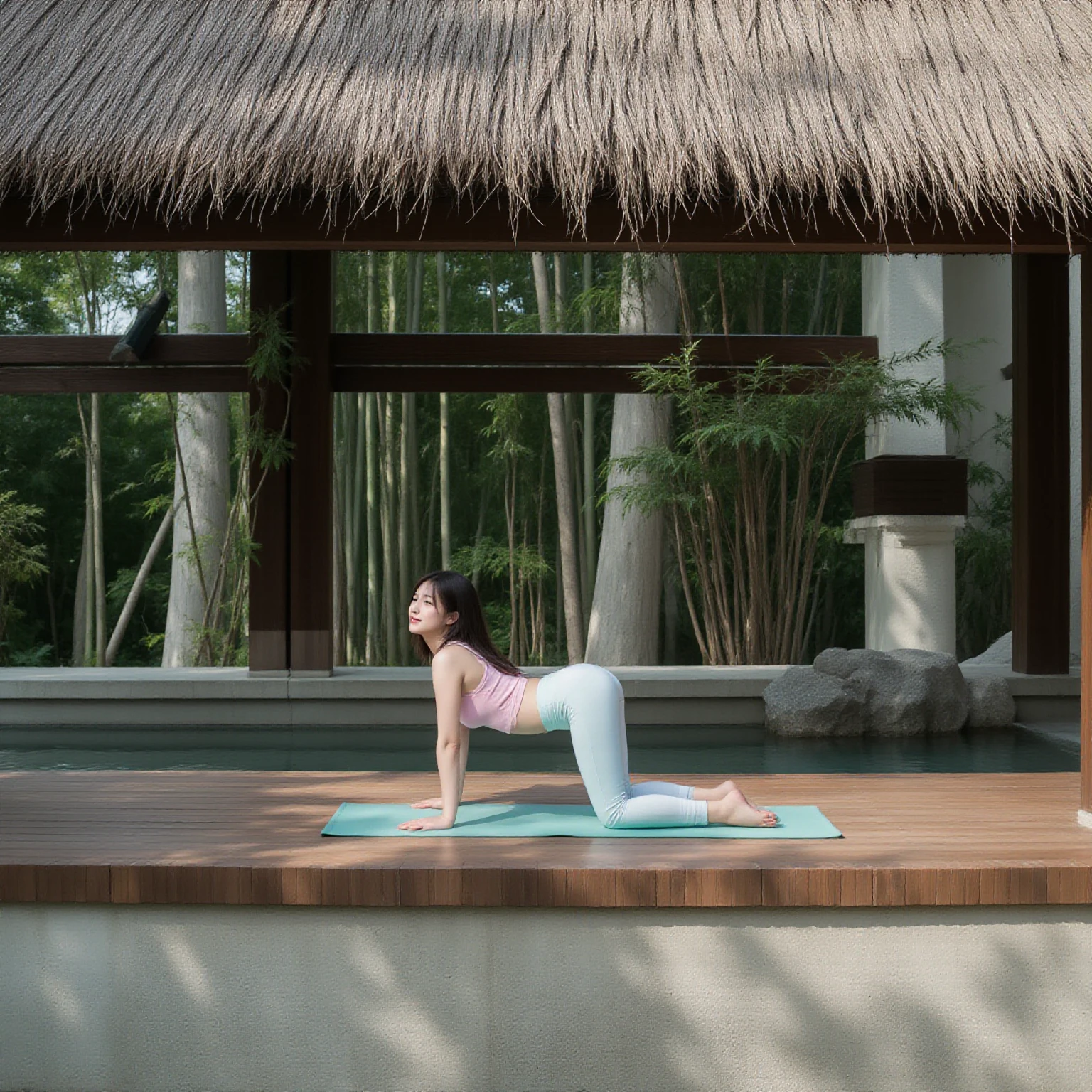 A serene morning scene with a parent and stretching together or having a peaceful, screen-free breakfast.