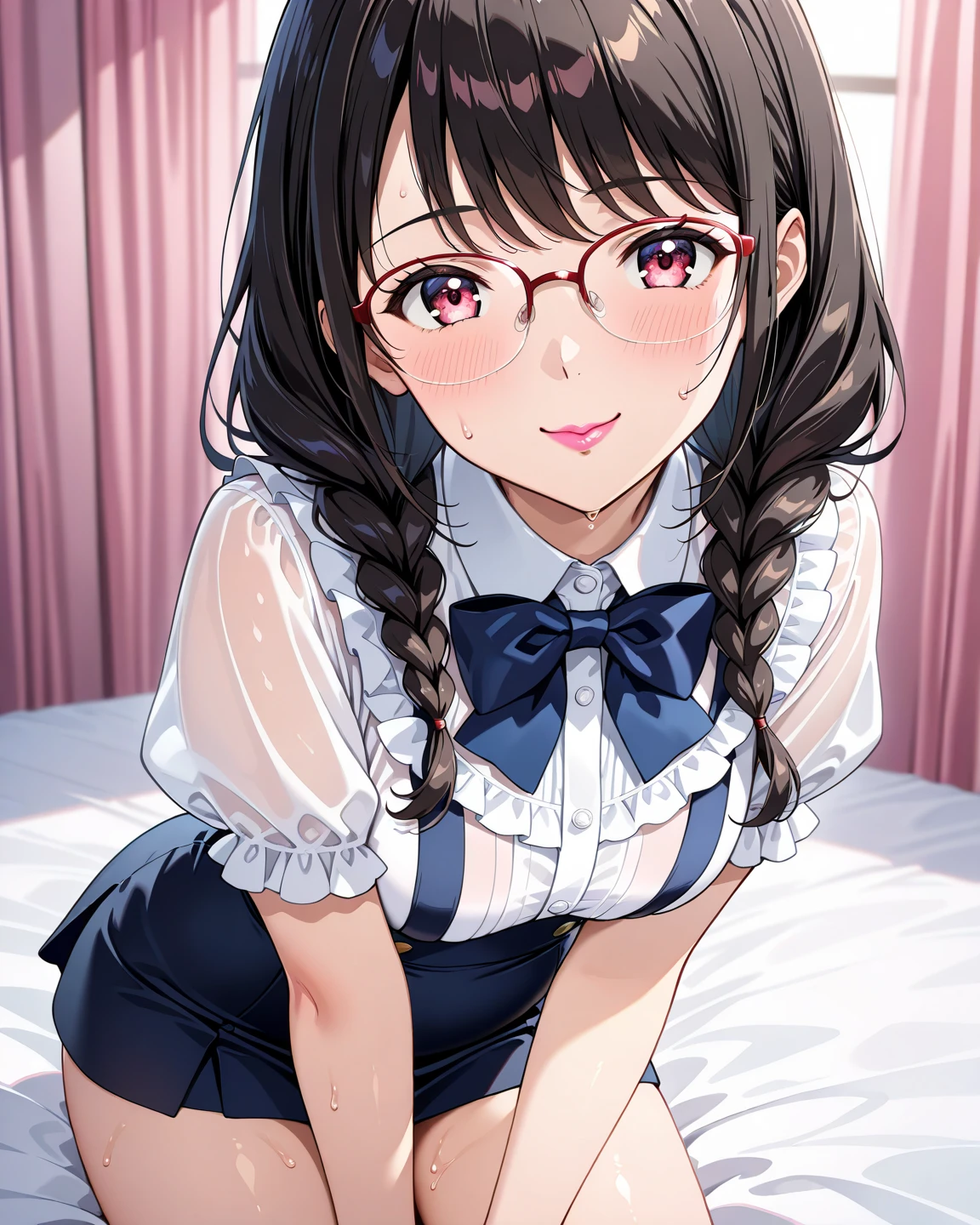 ((masterpiece)),((highest quality)),((Anatomical)),((Realistic)),((Detailed Description)),((cute)),((((Pink bedroom)))),(((1 kindergartener))),((Beautiful eyes)),((Baby Face)),((Petite)),((Bewitching Smile)),(((school uniform))),(((Glasses))),Full body view,