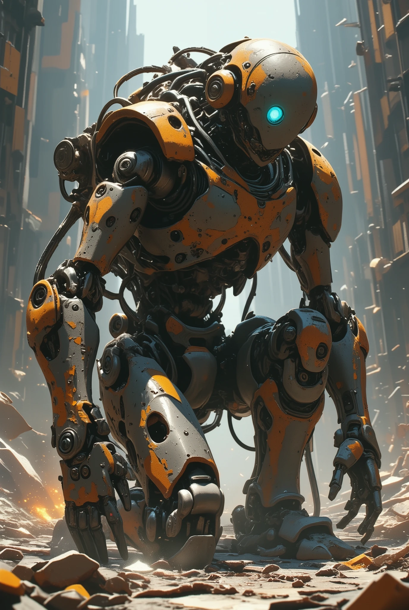 Realistic 3D render of a war-worn robot, missing one arm from heavy ...