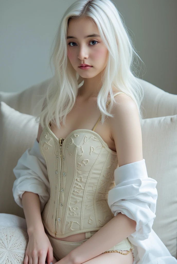 Girls, blond, Long hair, beautiful eyes, Small Breasts, cat hair accessories, Side lock, blond, shiny hair, , (Smart eyes: 1.2), (There are two long triangular cutouts on the skirt, Showing off your abdominal muscles), White buttons for vest corset, (Wear a short-sleeved striped shirt under the vest), (The sleeves end close to the arms), (There is a black collar around the neck), ( miniskirt),Slender long legs,Show your thighs