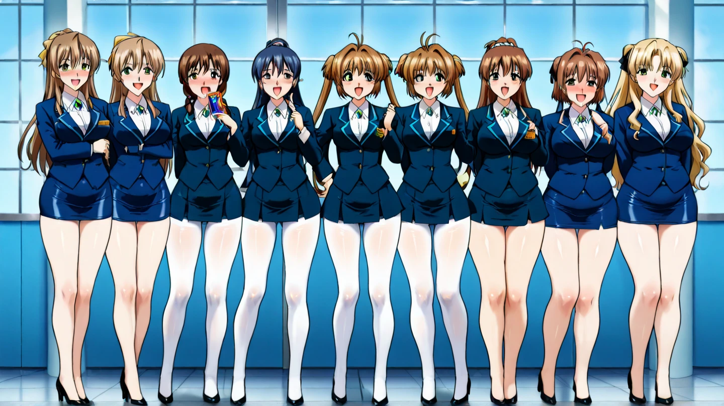 score_9, score_8_up, score_7_up, score_6_up, score_5_up, score_4_up, source_anime, Label 1, Label2, quality_masterpiece, Super beautiful mature 40-year-old woman (full bodies) (beautiful face, rostro perfecto), Face of Aika Sumeragi, beautiful big green eyes, with card captor Sakura style brown hair fused with Aika Sumeragi's hair, with pigtails from the top of the head to the waist with 2  that hold them, Aika Sumeragi costume, detailed face, delicate facial features, Detailed Leather , pechos enormes, huge , mujer sensual, mature female, madre, Pleated miniskirt, with black heels, white tights, , hyper  body,  , Glamour, (in various positions), plump, embarrassed , ((excited)), vista  seductivea en picado,  in several directions, (( Transparent thongs down :1.34)), ((  Executive Director  , The expensive blazer)), (The tight suits  :1.39), ((Goddess of Greek mythology)), ((pechos gigantes)).