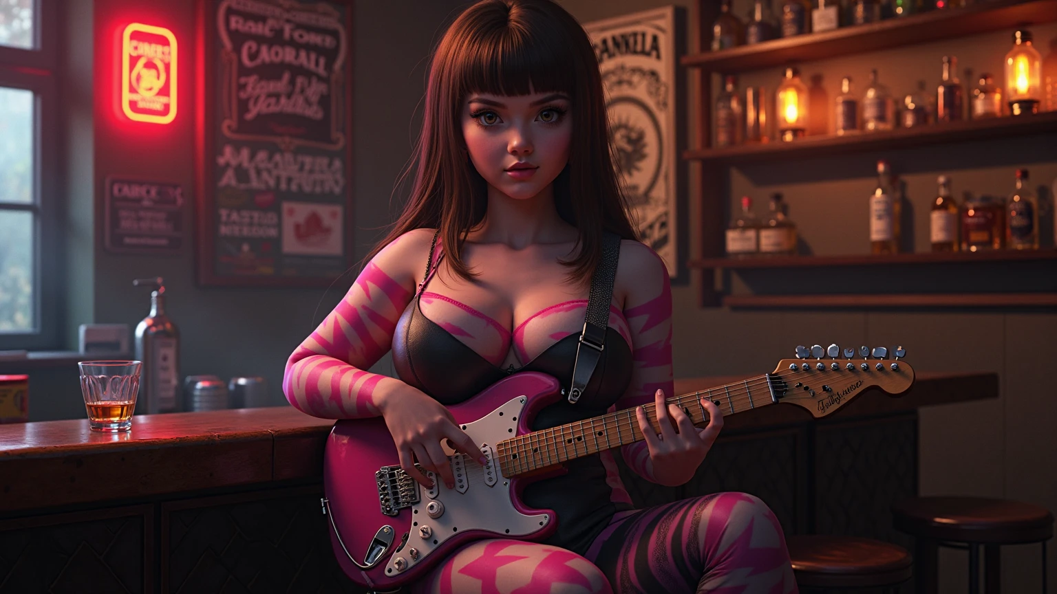 Lucy pinder, ((mouth wide open)), ((VERY INTENSE MAKEUP)), voluptuous, neckline, sexy, Stormtrooper, Playing guitar, Dina Meyer