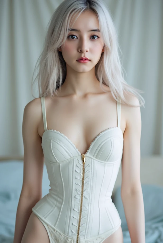 Shy face, BDSM, slave, lace, white corset, bondage, collar, NSFW, (best quality, 8k, masterpiece: 1.3))), clear focus: 1.2, (layer cut, large: 1.2), beauty with perfect figure: 1.4, slender abs: 1.2, wet body: 1.5, highly detailed face and skin texture, detailed eyes, single eyelids, long pink hair