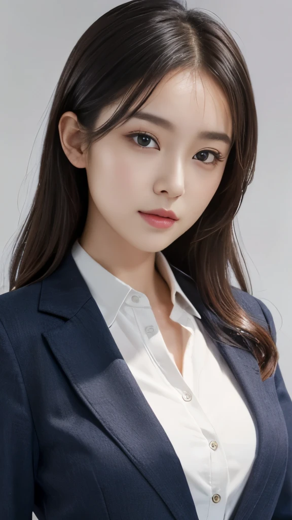 (Highly detailed CG Unity 8K wallpaper, highest quality, super detailed, look at the camera:1.2, 、 gray background, professional lighting), 26-year-old Japanese female, 、. She has an oval face, soft arched eyebrows, bright expressive eyes, a well-defined nose, 、髪型ショートカット、濃いアイシャドゥ、耳にピアス、カメラ目線、黒髪、 She's wearing a smart-casual blouse, possibly in a soft color, complemented by a chic blazer, embodying her lively and sociable personality