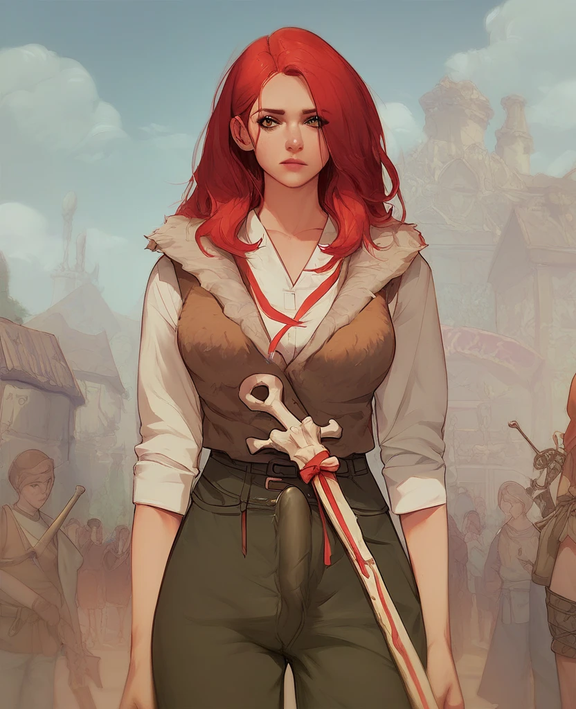 "Half-naked warrior, red hair with bone decorations, fur vest, pants with a slit up to the thigh. Background: sacred grove, birches with ribbons. Futanari, dick under clothes.embroidery detailing.Old Russian style"