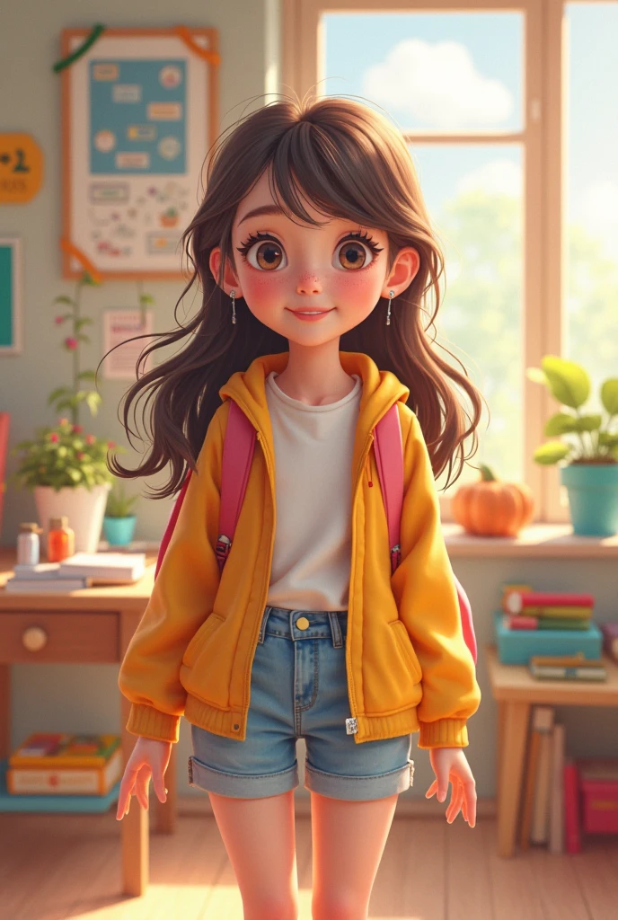 The background is a full-body 3d art work of a lovely junior high school girl standing in front of the blackboard in the classroom, wearing fashionable casual clothes, holding a book in her hand, with a warm smile on her face, big eyes and long black hair, vivid color scheme, strong contrast between cold and warm colors, bright light, background focal length of 35mm f1.8,C4D, blender, etc. OC renderer, high detail 8k，Lying on the desk