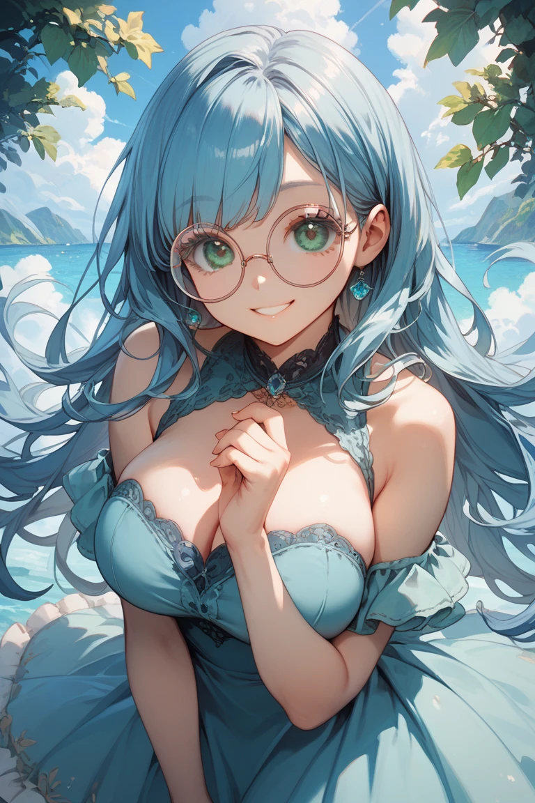 Black choker、((Beige knee-length short-sleeved mini dress))、(corset)、((Long blue hair))、Blue-green eyes、Severe myopia、(Red-rimmed glasses)、Big Breasts、Baby Face、((Shy expression))、beautiful teacher、24-years-old、((highest quality))、((High resolution))、anime、(White off-shoulder)、Medieval Europe、Cleavage、((Skirts rolled up in the wind))、(Perfect Five Fingers)、Medieval Europe、((White lace panties are fully visible))