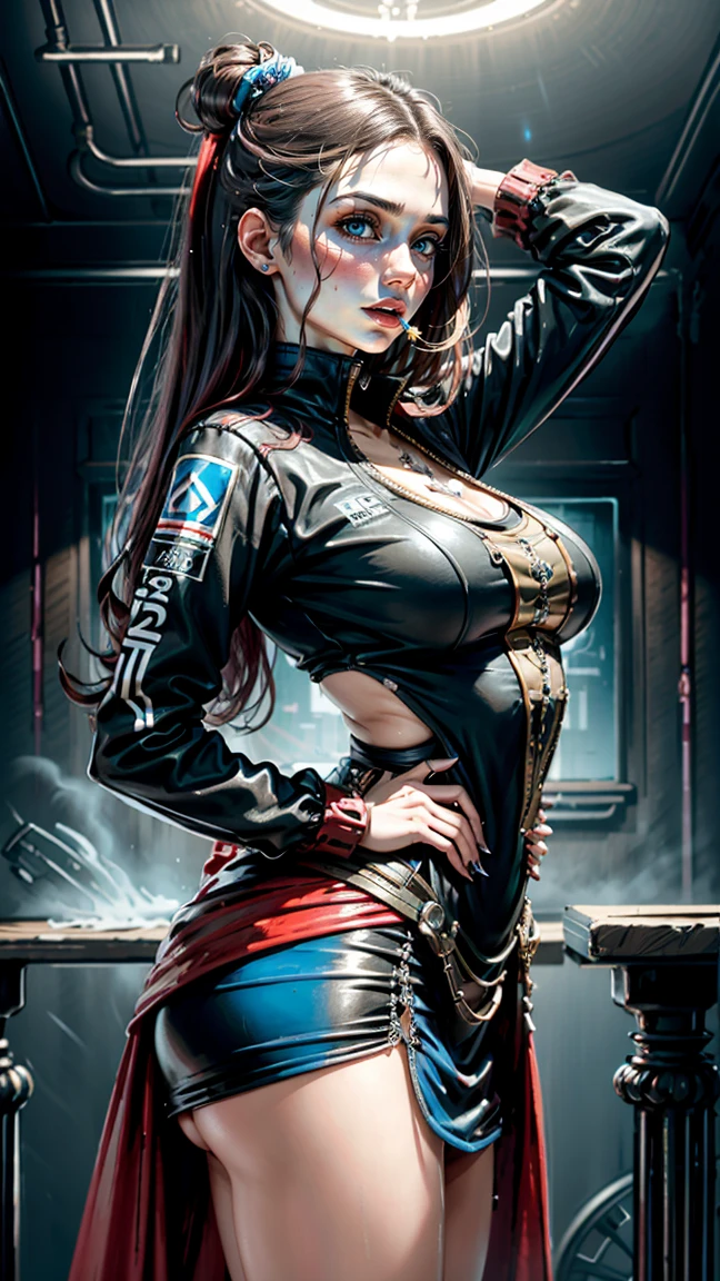 PERFECT MASTERPIECE, EXTREMELY DETAILED CG UNITY 32K UHD QUALITY RESOLUTION WALLPAPER, PHOTOREALISTIC, RAW PHOTO, PERFECT PHOTOGENIC CLARITY, OFFICIAL ART, AWARD-WINNING PORTRAIT, ULTRA HYPER-REALISTIC, ULTRA HYPER-DETAILED, SHINY REALISTIC SKIN, The most beautiful and sexy dominatrix girl, very long black and rainbow colored hair, vibrant moonlight eyes, long detailed eyelashes, blushing, full pouting pink lips, curvy body type, full hips, super huge enormously gigantic tits, cleavage showing, gigantic tits bursting out of her outfit, wearing full-body leather suit with lots of buckles chains thigh high leather boots, arching her back in a sexy seductive slutty pose, looking at the viewer, close up pov camera view from below, sexy seductive horny slutty facial expression, dominatrix bedroom background.