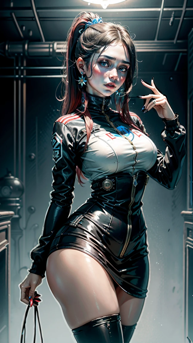 1girll,Black color hair,Twist braids,Qi bangs,red pupils,Round glasses,beauitful face,crisp breasts,Convex buttocks,in a white shirt,red necktie,Black suit,White heels,There are floating missile-launching weapons on the sides of the body,sci-fy,cyber punk perssonage,perfectly proportioned, Cinematic lighting, filmgrain, Fuji colors, lightand shade contrast, 8K, 巨作, Textured skin, Super detail, high detal, High quality, A high resolution,