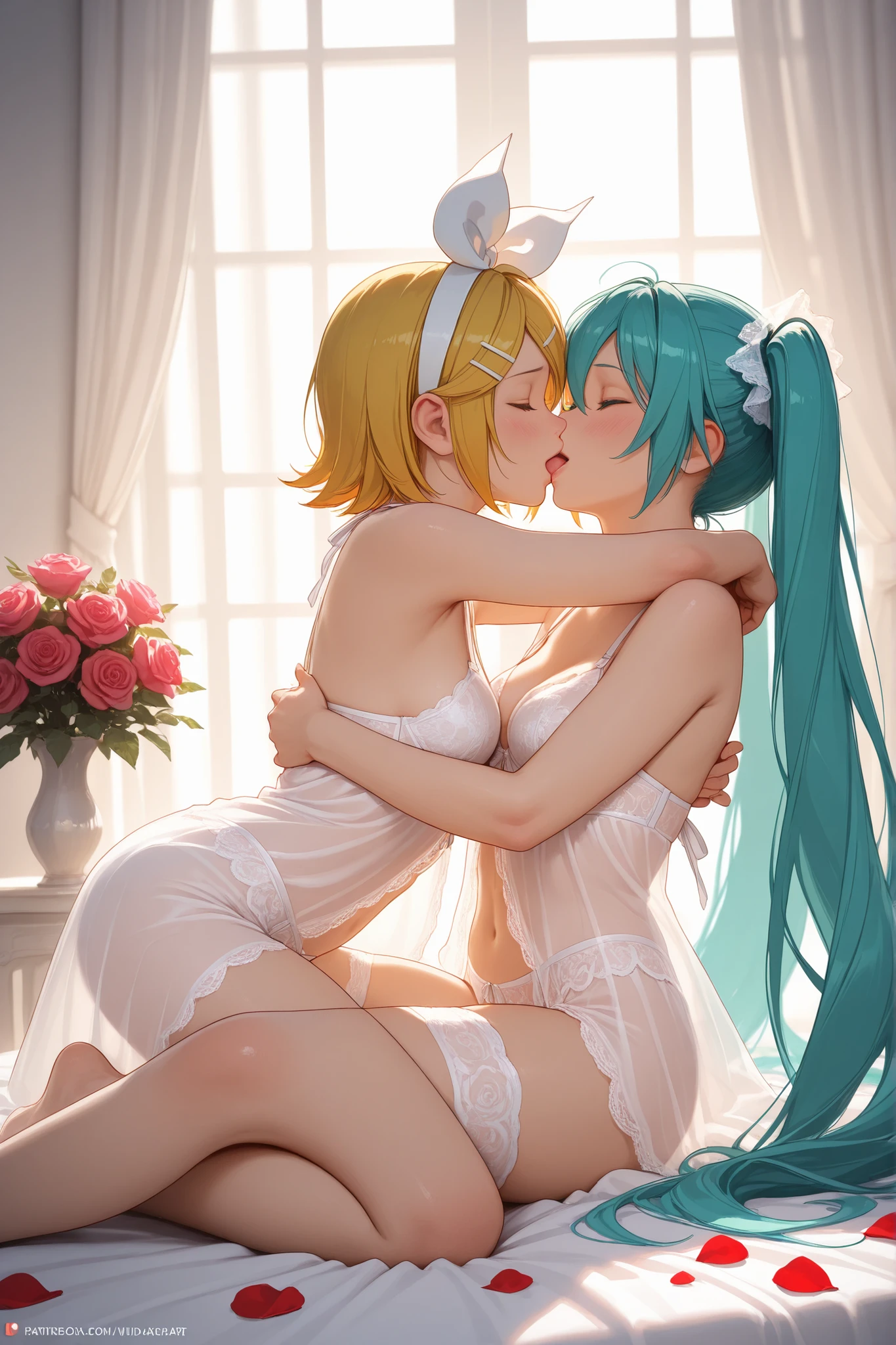2 girls, (Hatsune Miku), long hair, (((Kagamine Rin, yellow bobcut))), cute, naked, (curvy body:0.5), (plump body:0.5), small breasts, long hair, ((dee kiss)