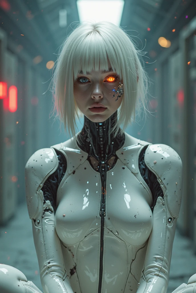 a hauntingly beautiful albino female android with porcelain skin fractured on one cheek, revealing glowing internal circuits and delicate wires, platinum white hair slightly burned at the ends, one eye flickering with static glitch, exposed cybernetic collarbone with faint blue sparks, torn silk bodysuit, blood-red warning lights reflected on her skin, sitting in a smoky corridor after battle, graceful yet broken, cinematic sci-fi lighting, ultra detailed, photorealistic masterpiece
