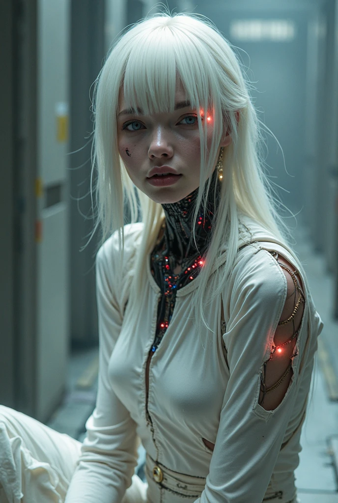 a hauntingly beautiful albino female android with porcelain skin fractured on one cheek, revealing glowing internal circuits and delicate wires, platinum white hair slightly burned at the ends, one eye flickering with static glitch, exposed cybernetic collarbone with faint blue sparks, torn silk bodysuit, blood-red warning lights reflected on her skin, sitting in a smoky corridor after battle, graceful yet broken, cinematic sci-fi lighting, ultra detailed, photorealistic masterpiece

