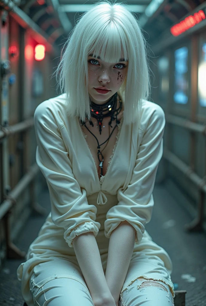 a hauntingly beautiful albino female android with porcelain skin fractured on one cheek, revealing glowing internal circuits and delicate wires, platinum white hair slightly burned at the ends, one eye flickering with static glitch, exposed cybernetic collarbone with faint blue sparks, torn silk bodysuit, blood-red warning lights reflected on her skin, sitting in a smoky corridor after battle, graceful yet broken, cinematic sci-fi lighting, ultra detailed, photorealistic masterpiece
