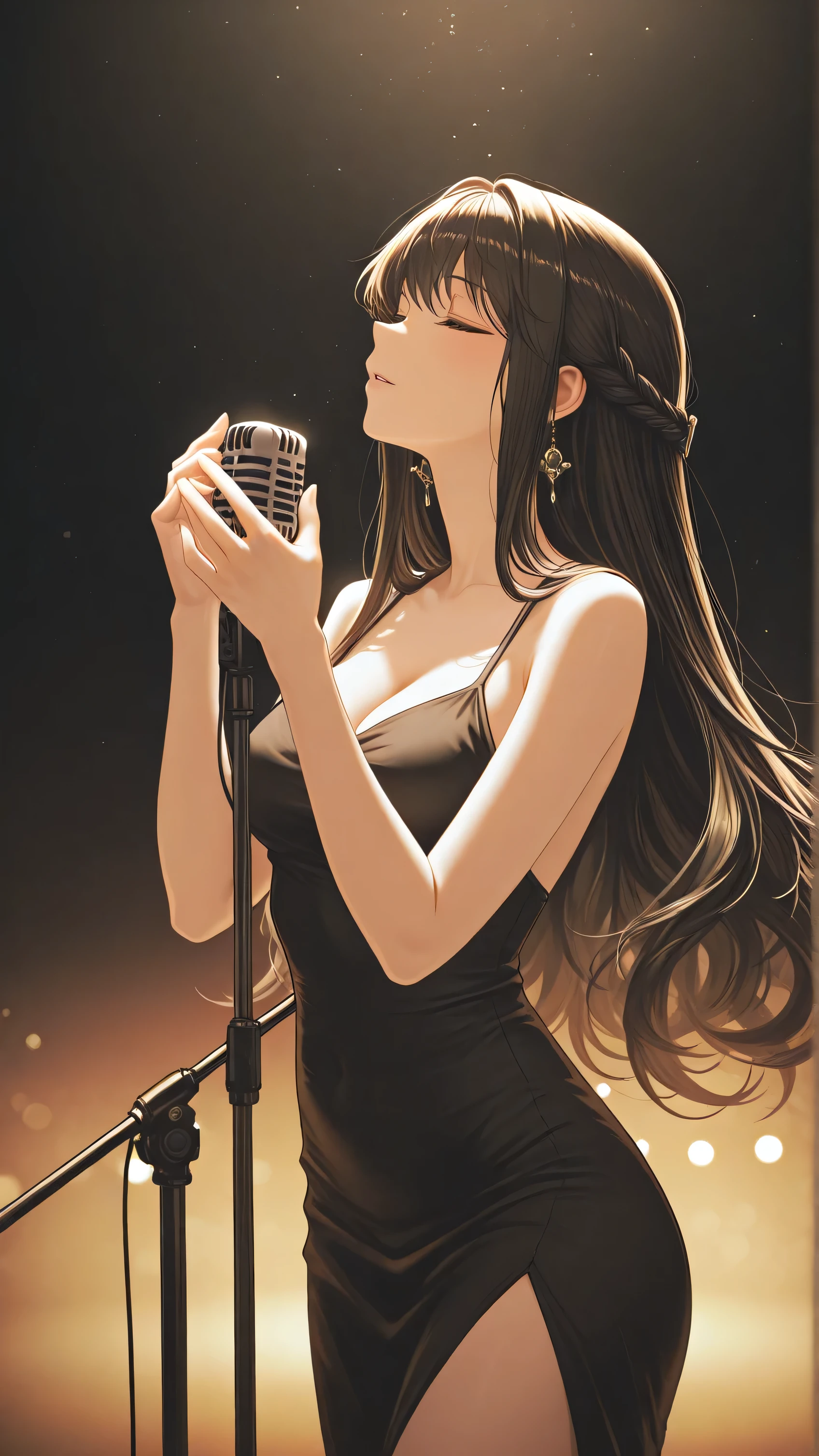 A stunning woman with elegant features and a calm, captivating presence stands alone on a softly lit stage. She wears a sleek black one-piece dress that hugs her figure with sophistication. Holding a vintage microphone stand with both hands, she sings with closed eyes and a gentle smile, completely immersed in the music. Her long hair flows gently over her shoulders, and the stage lights cast a warm, golden glow that outlines her silhouette. The background is simple and dark, focusing all attention on her. The atmosphere is intimate, timeless, and enchanting, as if her voice alone could silence the world.