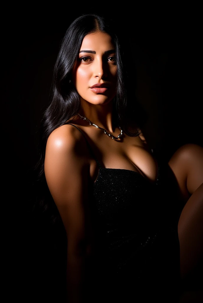 Create an ultra-realistic image of a modern, attractive female influencer of Indian descent, aged between 27 to 30. She should have a warm and inviting smile, expressive almond-shaped eyes with a slight shimmer, and clear, glowing skin with a medium brown complexion. Her features should be well-defined, with high cheekbones and a sharp jawline. Her hair should be a deep, reddish-purple hue that’s bold yet sophisticated, styled in an intricate updo with curls and volume. She should have a slender yet athletic build, reflecting a healthy and active lifestyle, with a larger bust size, offering a balanced and proportionate look.
She is wearing a Black Satin Saree paired with a sleeveless Black Velvet Blouse that highlights her toned figure, with half of her bust area shown. Her lower body is fully covered by the saree. Her outfit is completed with stylish black heeled sandals that add elegance to her look. She accessorizes with subtle yet chic jewelry, such as small hoop earrings and a few thin bangles.
The background should feature an urban skyline at night with city lights twinkling in the background, suggesting a cosmopolitan lifestyle. Her overall appearance should exude confidence, approachability, and sophistication, capturing the essence of a contemporary Indian fashion influencer.