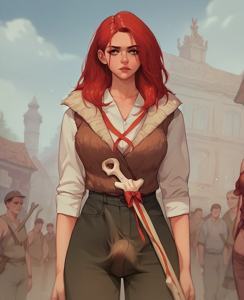 "Half-naked warrior, red hair with bone decorations, fur vest, pants with a slit up to the thigh. Background: sacred grove, birches with ribbons. Futanari,  dick under clothes.embroidery detailing.Old Russian style"