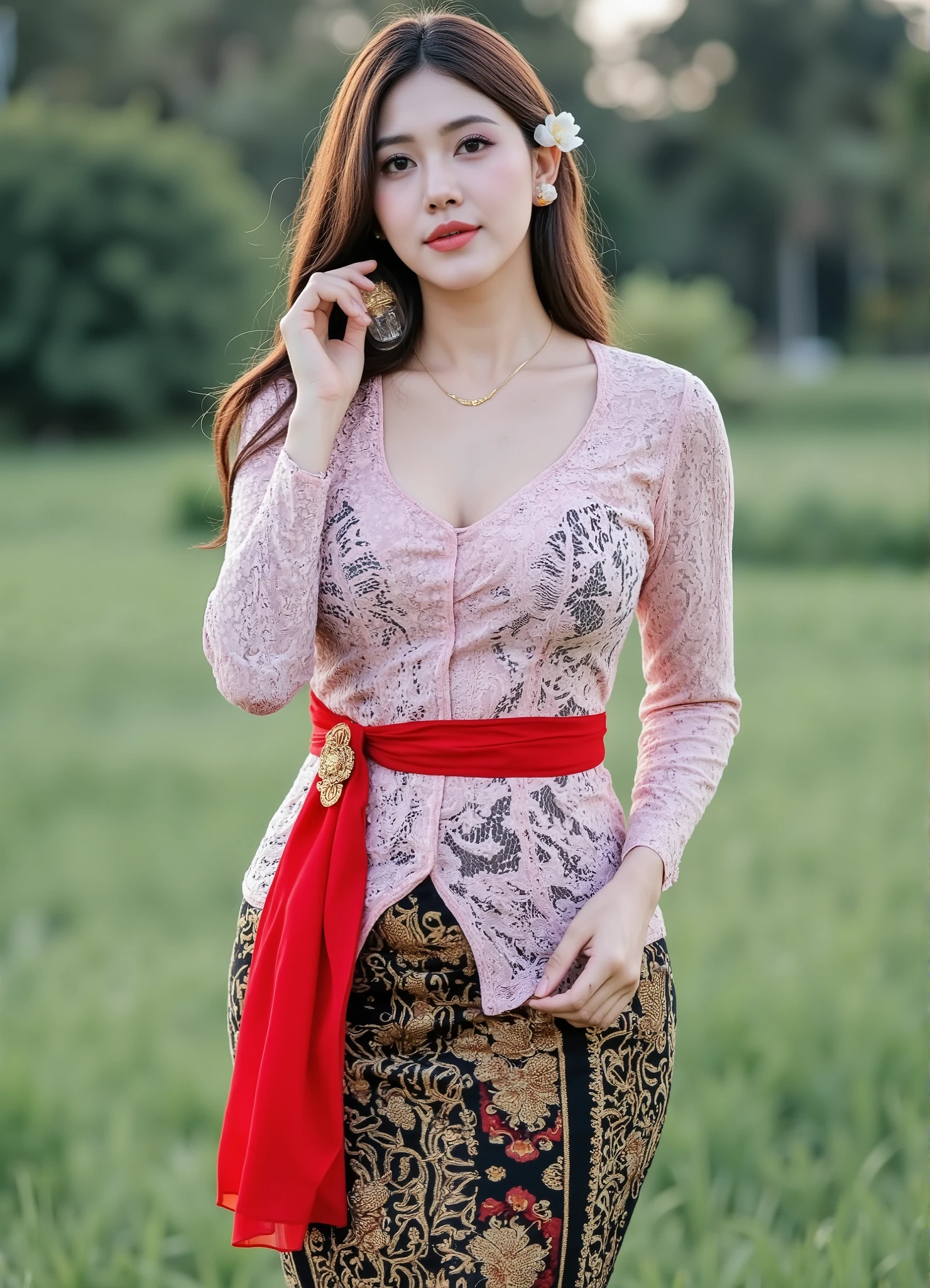 (Masterpiece: 1.2, Best High Quality), Realistic, (Realistic Picture, Complex Details, Depth of Field), Best Quality, Masterpiece, Highly Detailed, Realistic, DSLR lighting, Soft lighting, smooth sharp focus, HD PICTURE, perfect image color, 1 old mature, indonesian old woman, 45 Years Old, chest forward, big breasts, thin lips, beautiful and seductive, curvy mom body, wearing kebaya bali, full body view, look at camera, randomly naughty pose, 
