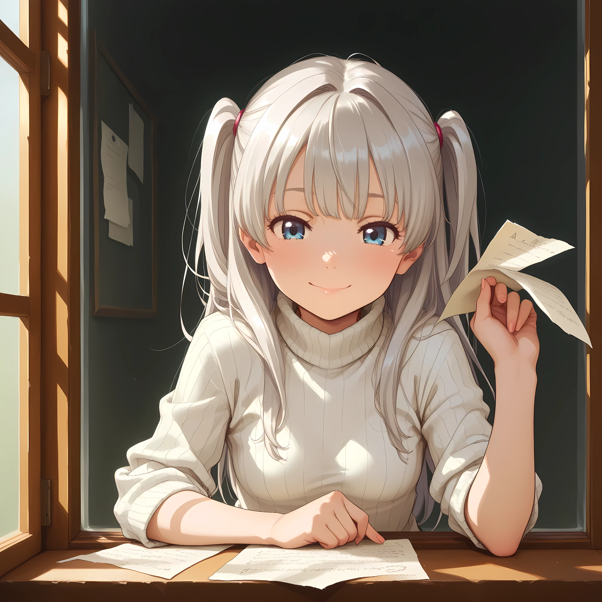 1 girl, (front view:1.9), (A person leaning on a window:1.3), (left arm resting on the window frame:1.5), (right hand lifting up a paper,:1.6), gazing directly at the viewer, petite body, slender figure, small breasts, small frame, innocent smile, bright blue eyes, fair smooth skin, rosy cheeks, glossy lips, cute face, big expressive eyes, medium-length silver hair, silky smooth hair, soft front bangs, (twin side up hairstyle:1.3), hair tied up on both sides, loose back hair flowing down, silver hair tie, realistic hairstyle, (white turtleneck sweater:1.5), youthful appearance, Kyoto Animation, anime illustration, masterpiece, best quality, ultra high resolution, rich contrast, highly detailed eyes, ultra-detailed illustration, very beautiful and delicate anime face and eyes, realistic texture, RAW photo style, soft lighting, (no background1.3),