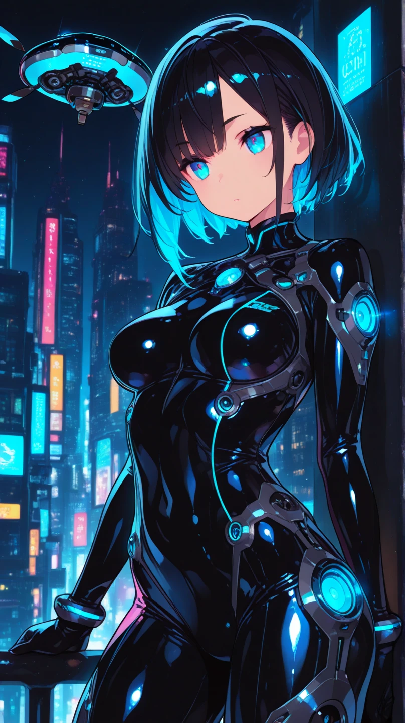(Extremely detailed CG unity 8k wallpaper), (Extremely detailed), masterpiece, best quality, Japan, 《GANTZ》, Kei Kishimoto, Solitary, short hair, medium breast, Cyberpunk black combat tights, Thigh gap
