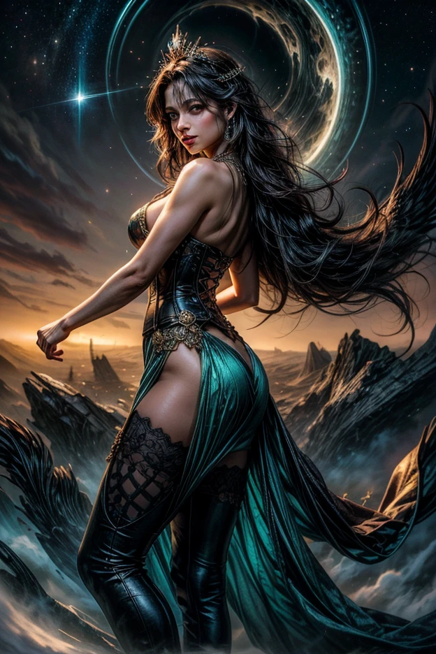 (best quality,4K,8 TAUSEND,High Resolution,Meisterwerk:1.2),ultradetailliert,(realistisch,photorealistisch,photo-realistisch:1.37),Fantasy-Kurzkleidung,sehr sexy Kleidung,Magieal clothing,sexy girls,sehr erotisch,Nacktheit,Magie,Apokalypse,Zauberwald,Mystische Kreaturen,antike Ruinen,mondbeschienener Himmel,dunkle Schatten,ethereal atmosphere,schwimmende Inseln,Otherworldly beauty,Whispering winds,geheimnisvoller Glanz,bezaubernde Aura,seductive charm,Zauberin,seductive glance,seductive poses,Feurige Funken,rippling Magie,bedrohliche Wolken,dramatische Beleuchtung,lebendige Farben,provokante Silhouette,verbotene Versuchung,Wilde Fantasie,traumhafte Essenz,Magieal realm,Desires unleashed,zeitliche Kluft,Goddess of sadism,grausam,surreale Traumlandschaft,verlockende Illusionen